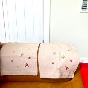 16 inch square large Embroidered Holiday snowflake linen. Genuine flax linen
